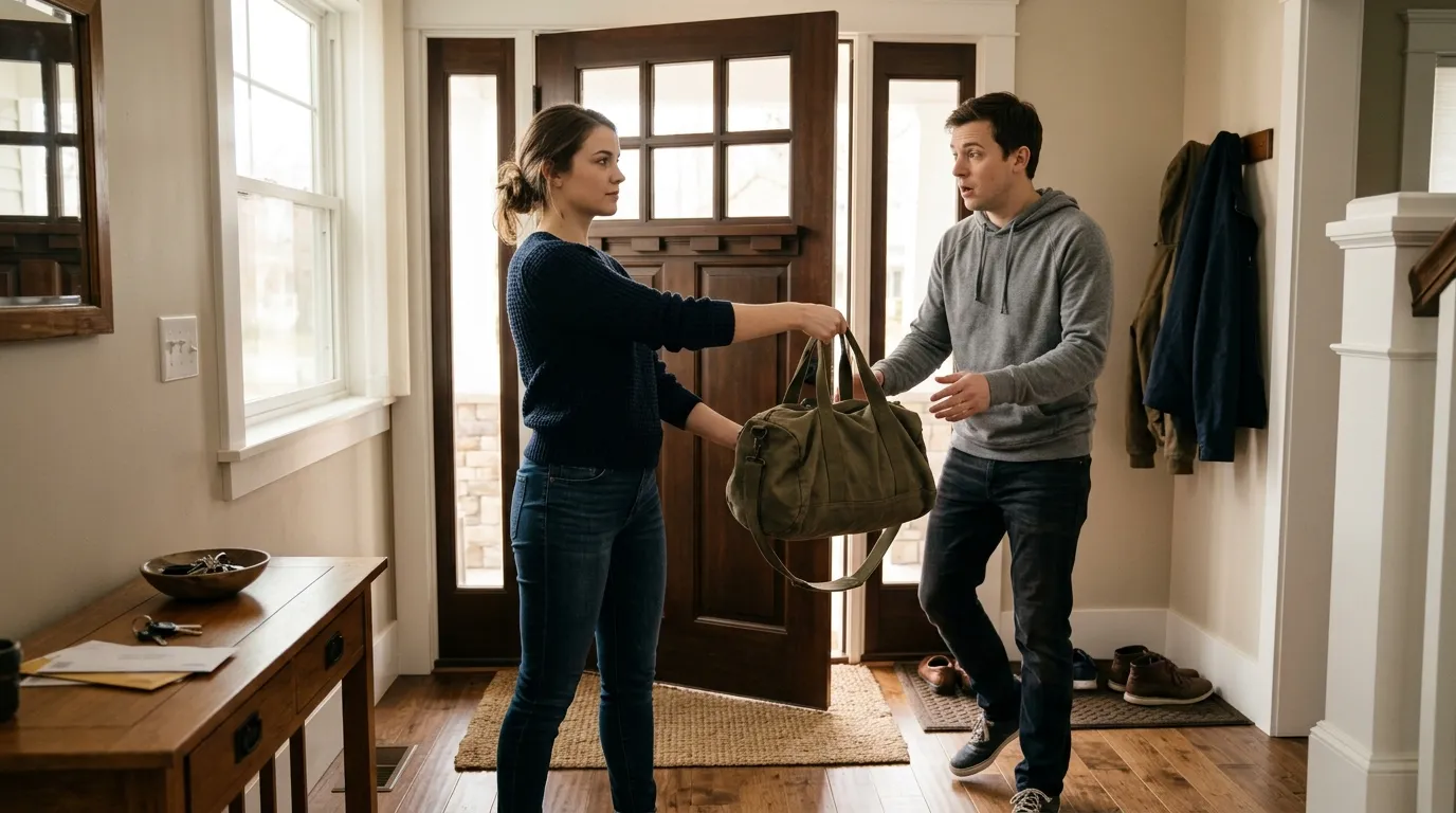 Wife confidently handing a packed duffel bag back to her husband