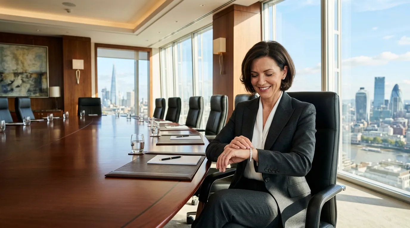 A confident woman sitting at the head of a sunlit corporate boardroom table