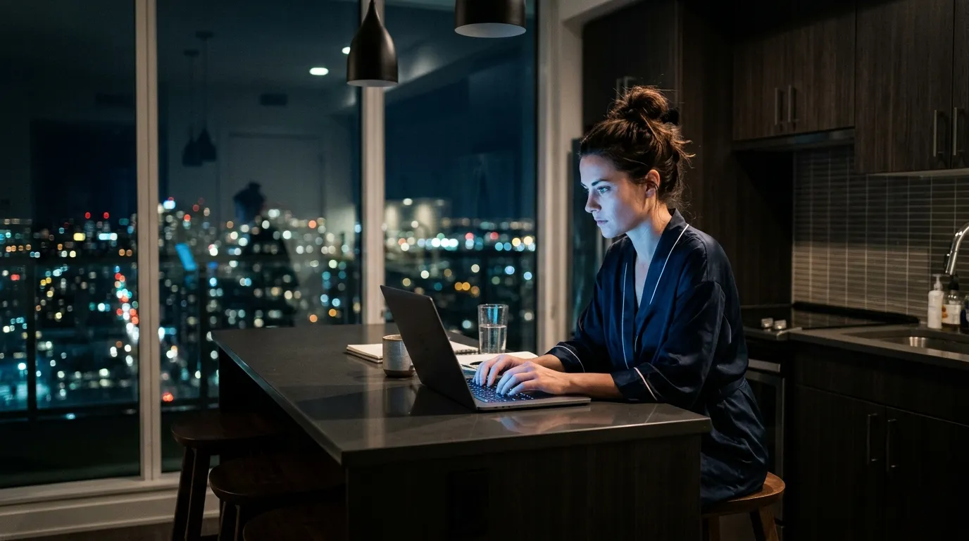 Woman typing on a laptop at night in a dimly lit condo