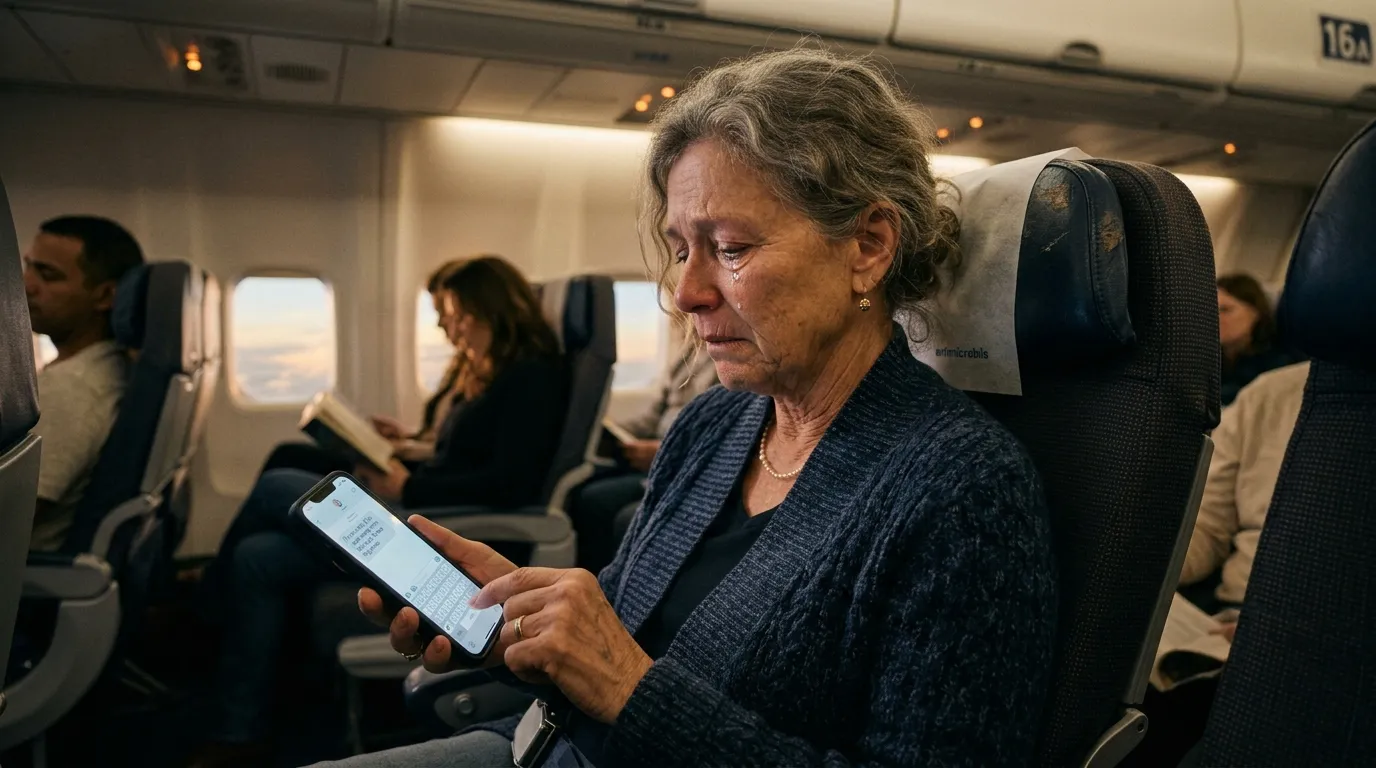 An older woman on an airplane looking emotional as she types a text message on her phone