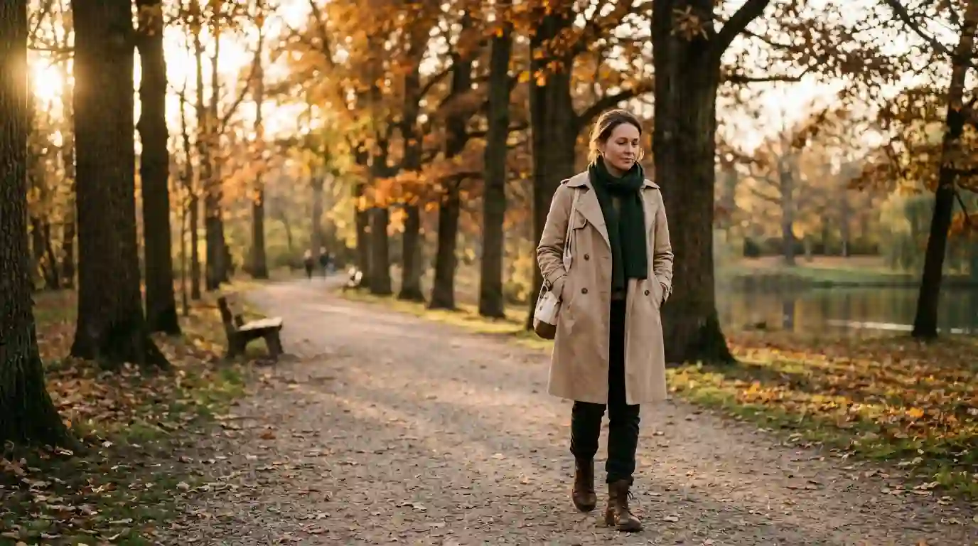A woman walking peacefully along a serene tree-lined park path during golden hour