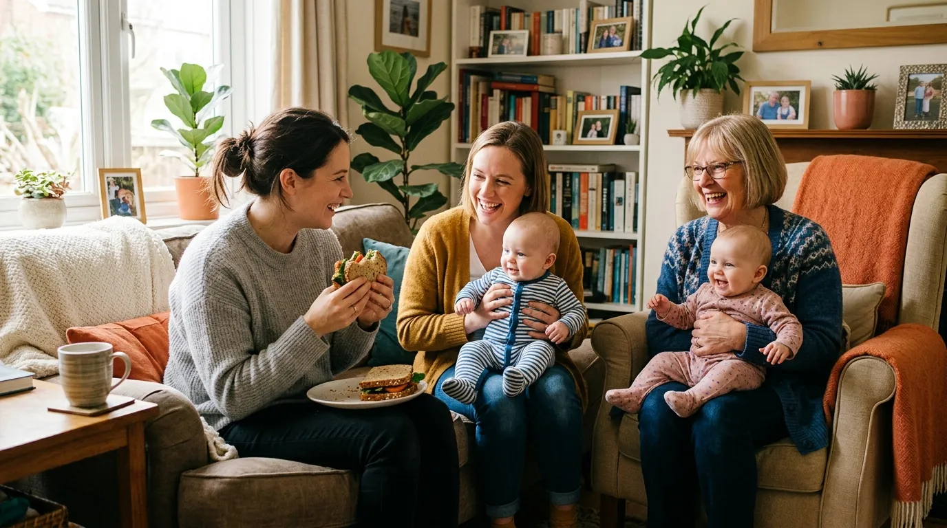 A sister and mother-in-law helping a mother feed and care for her twin babies