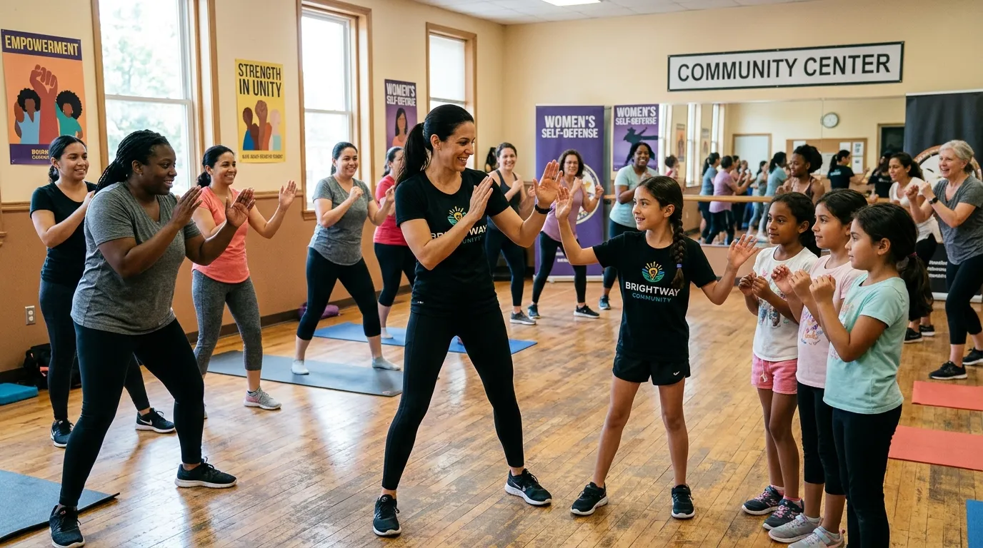 A community center room where a dark-haired woman and her 11-year-old daughter are leading a self-defense and confidence-building class for a diverse group of neighborhood women and young girls.