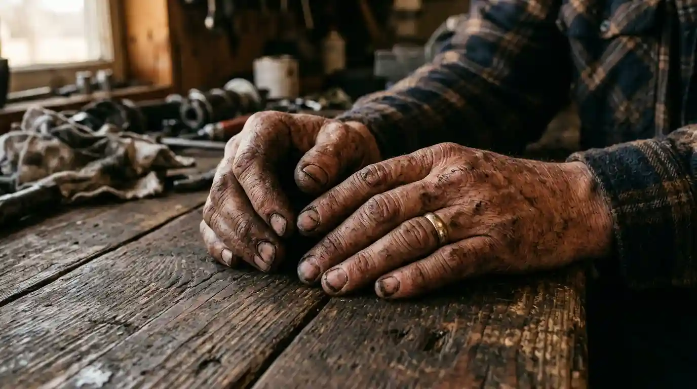 Close-up of hard-working, grease-stained hands resting on a wooden table