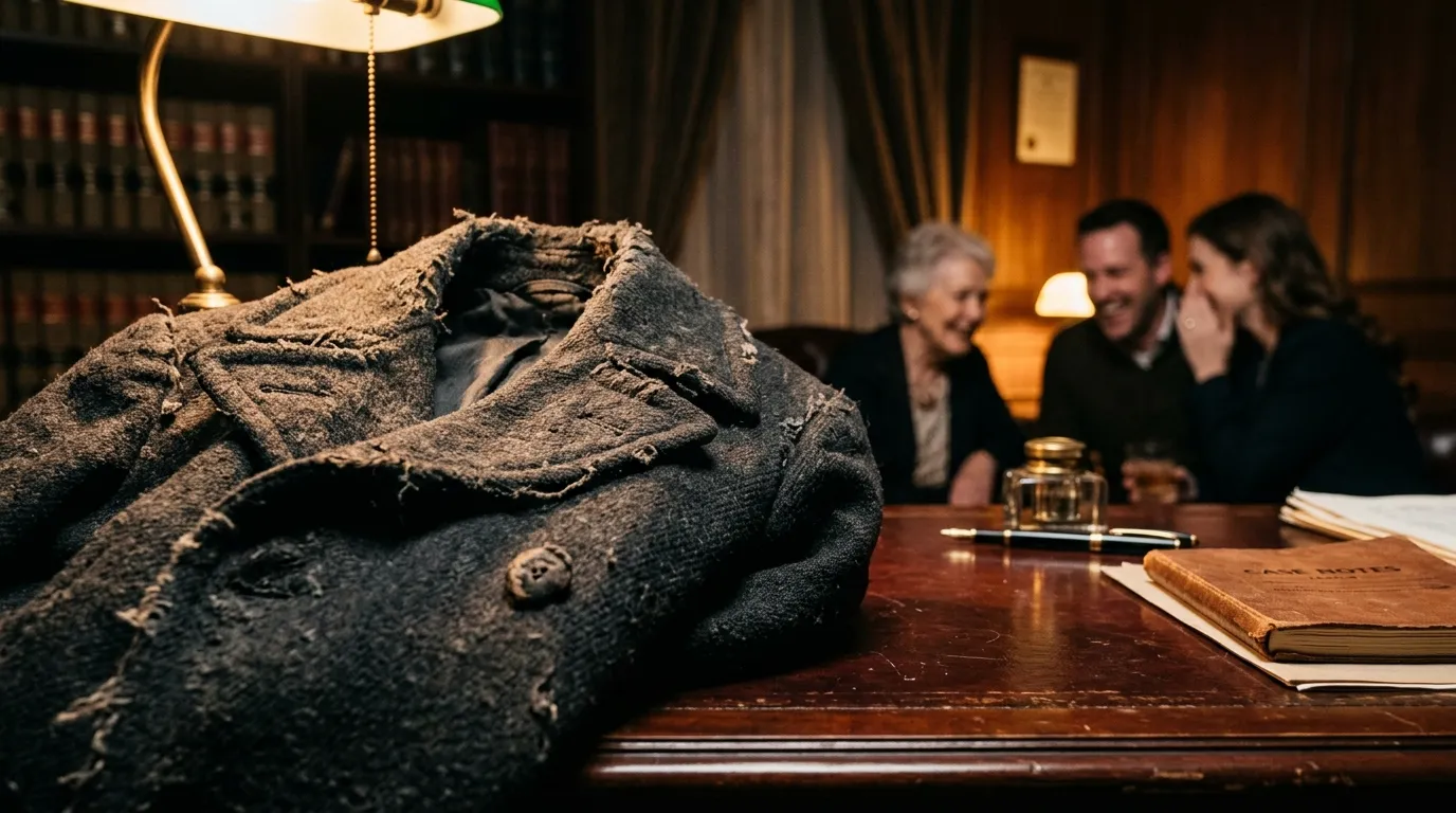 An old, faded winter coat resting on a table