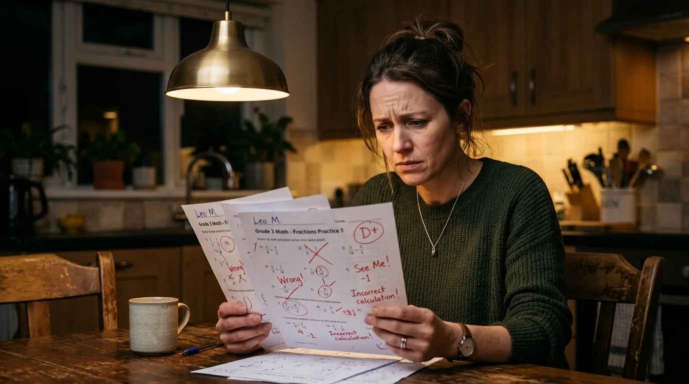 Mother looking at schoolwork with red marks