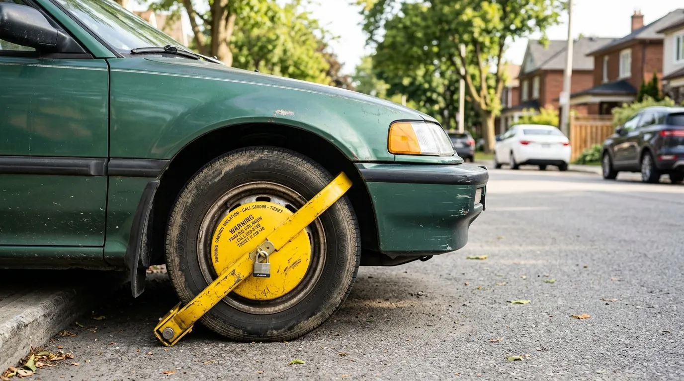 Bright yellow parking boot attached to the wheel of an old green car