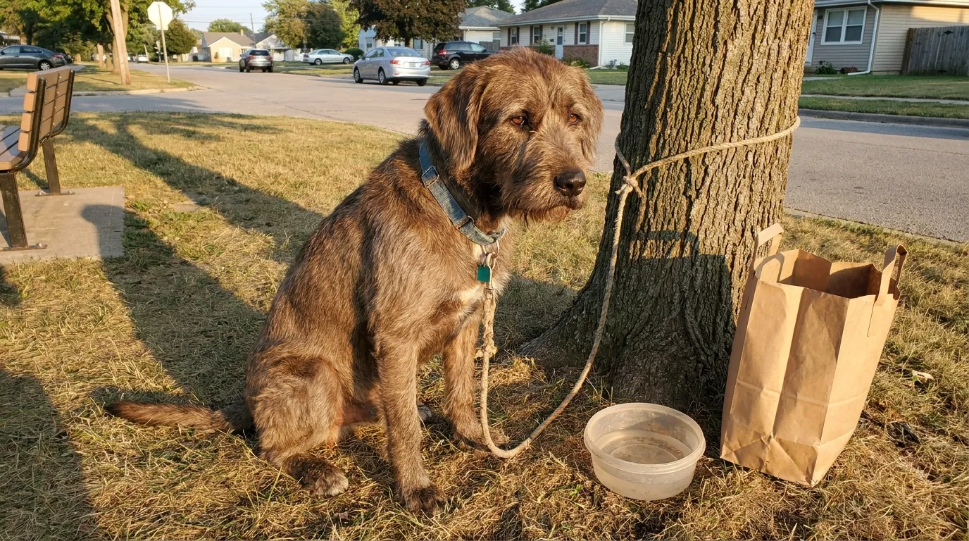 A large brown dog tied to a maple tree by a sidewalk, looking expectantly at the road.