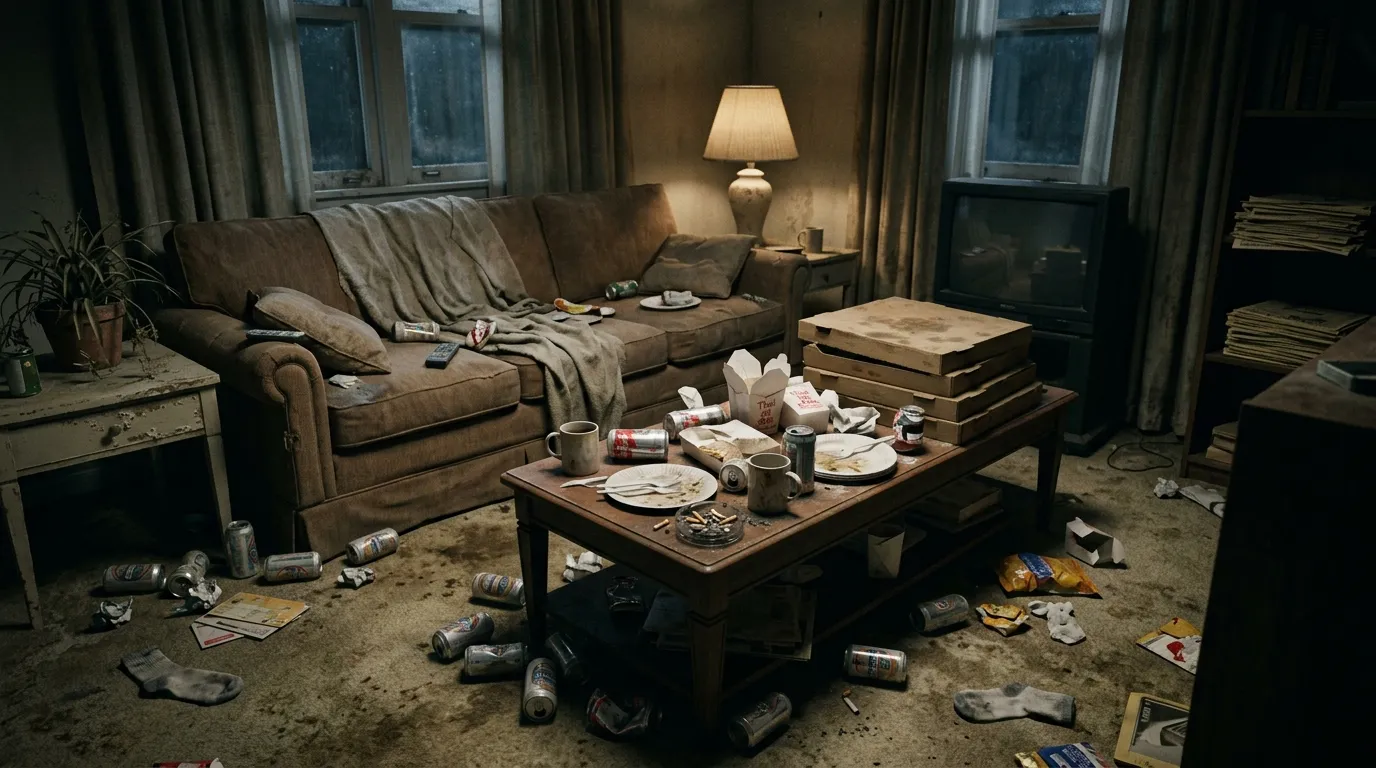 A messy living room with scattered takeout containers and an atmosphere of neglect.