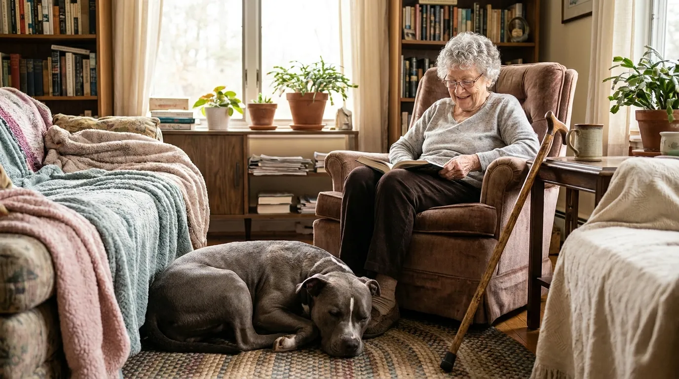 Elderly woman reading a book in an armchair with a gray pit bull sleeping peacefully at her feet