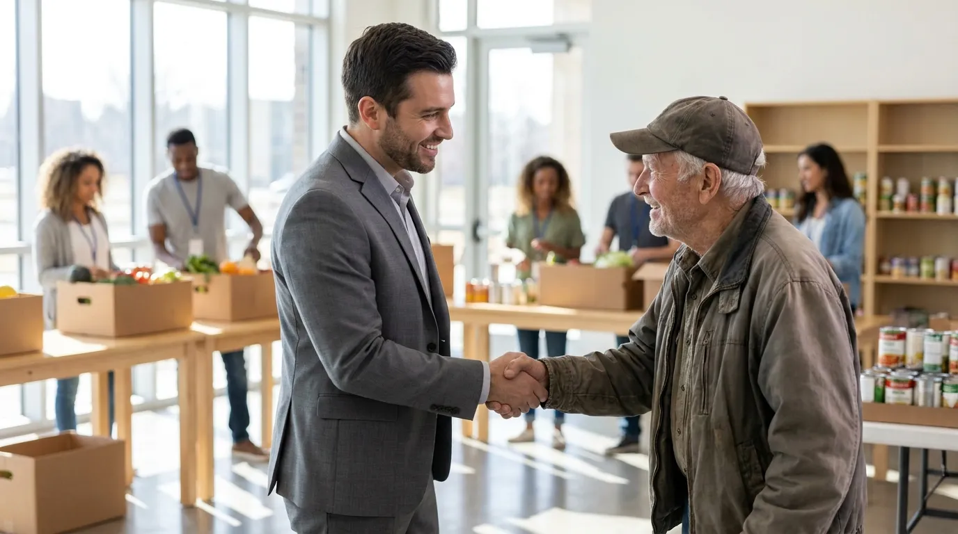 Adam, now a lawyer, warmly shaking hands with an elderly man at a newly opened community center