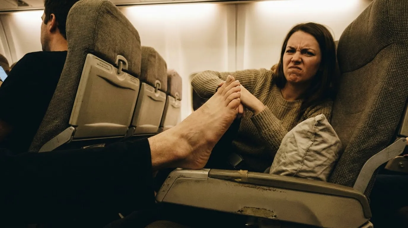 A bare foot resting inappropriately on an airplane armrest next to a woman's elbow