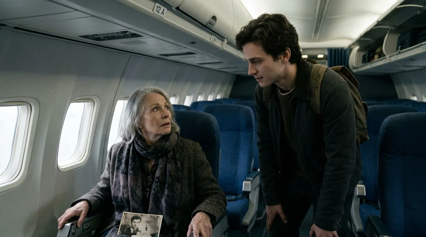 An elderly woman in an airplane seat looking in shock at a young man standing in the aisle