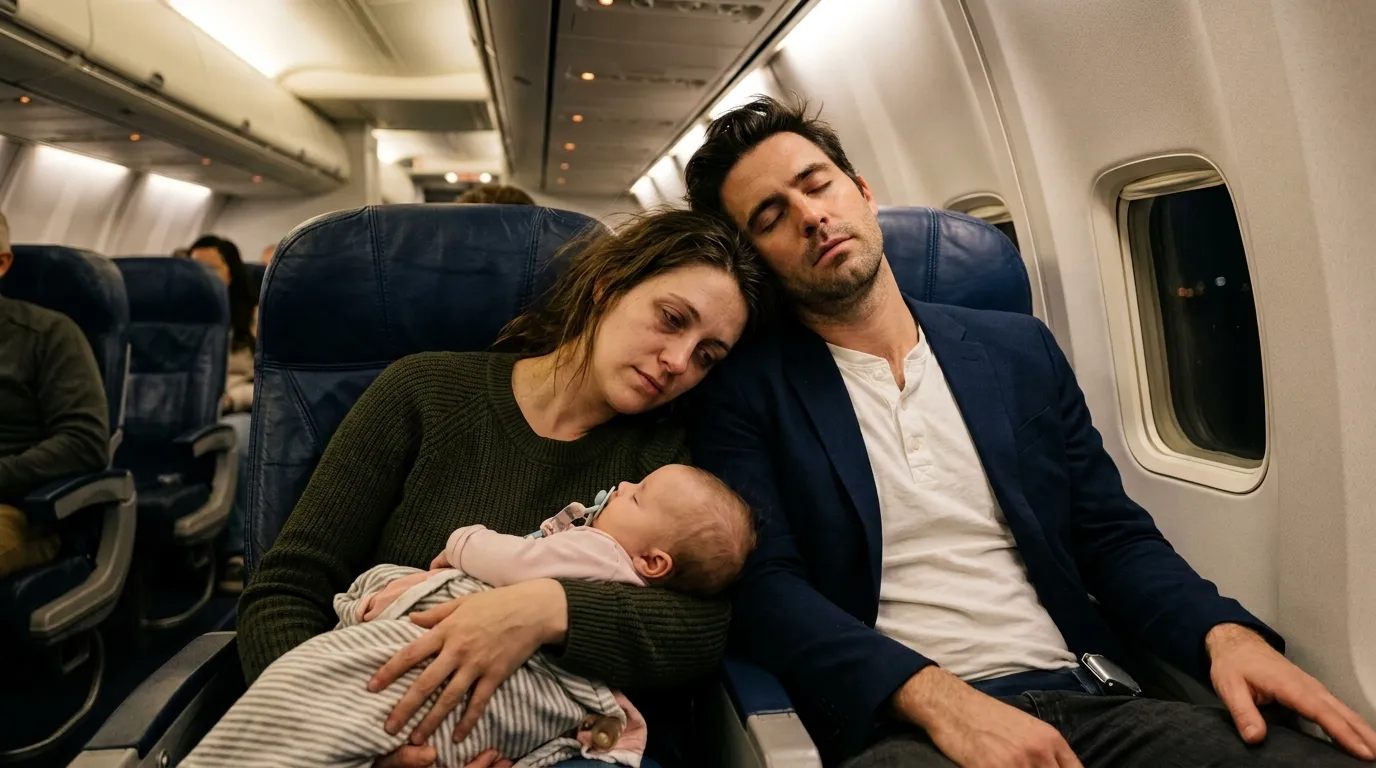 A tired mother and her baby sitting next to a handsome stranger on an airplane