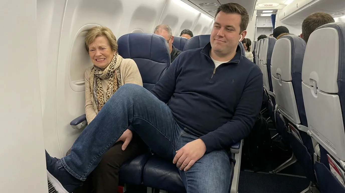 A tall, broad-shouldered man in a quarter-zip sweater spreading his legs aggressively into the space of a petite older woman sitting against an airplane window.