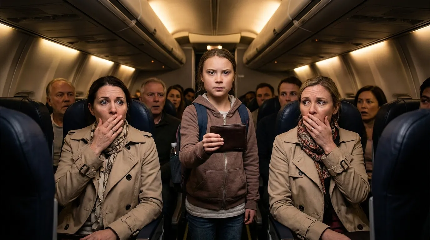 A 10-year-old girl standing in the airplane aisle holding up a leather wallet while passengers look on in shock.