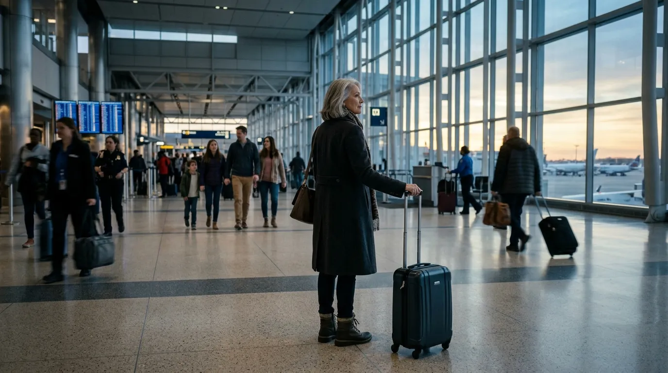 A grandmother standing alone with her suitcase in a busy airport terminal