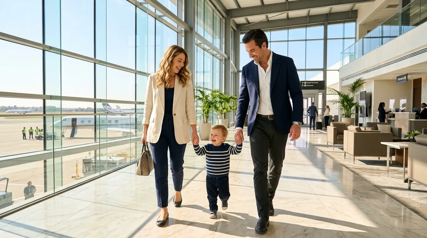 A mother and billionaire walking quickly through a dark airport corridor