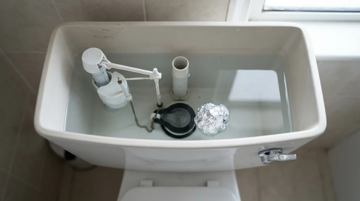 Open toilet tank showing internal plumbing and a ball of aluminum foil