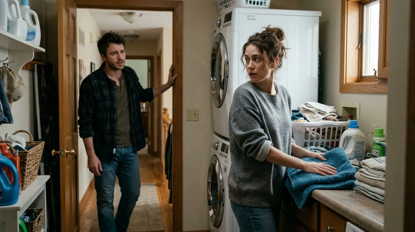 Andrew standing in the doorway looking worried while Brianna folds laundry