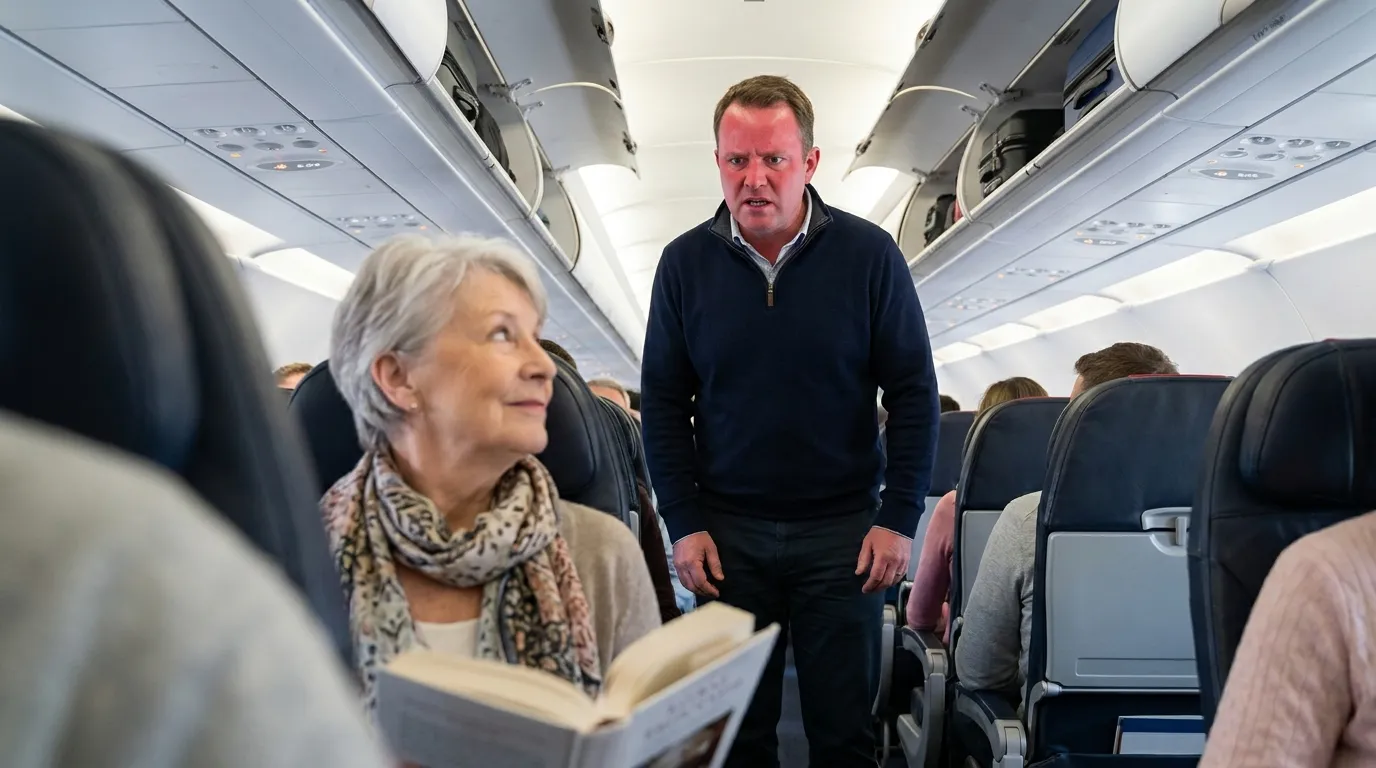 An entitled man with a red face standing in an airplane aisle, looking shocked and angry, while a calm petite woman looks back at him from two rows away.