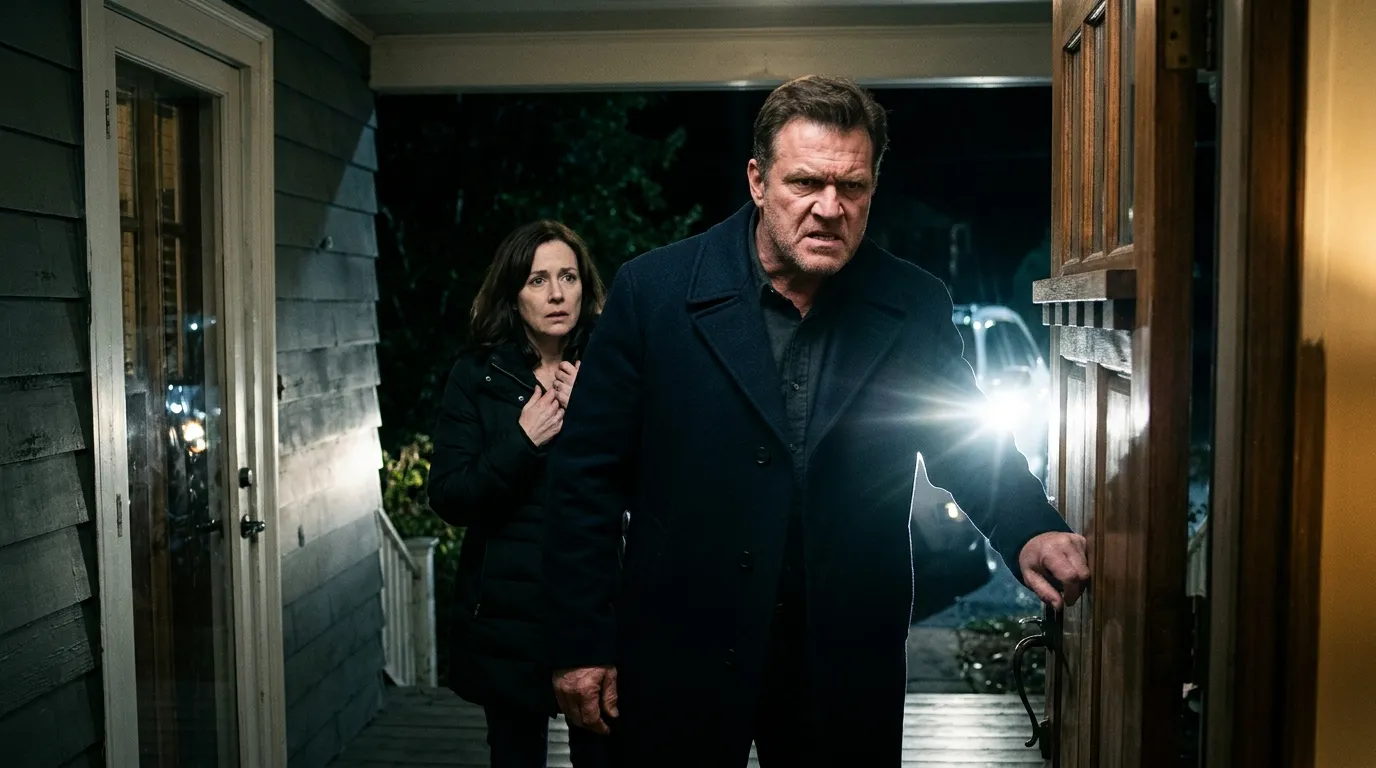 Kenneth and Brenda looking furious as they push through the front door at night