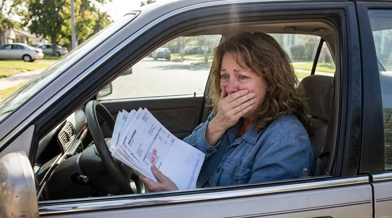 Wife sitting in her car looking devastated at a pile of bank statements