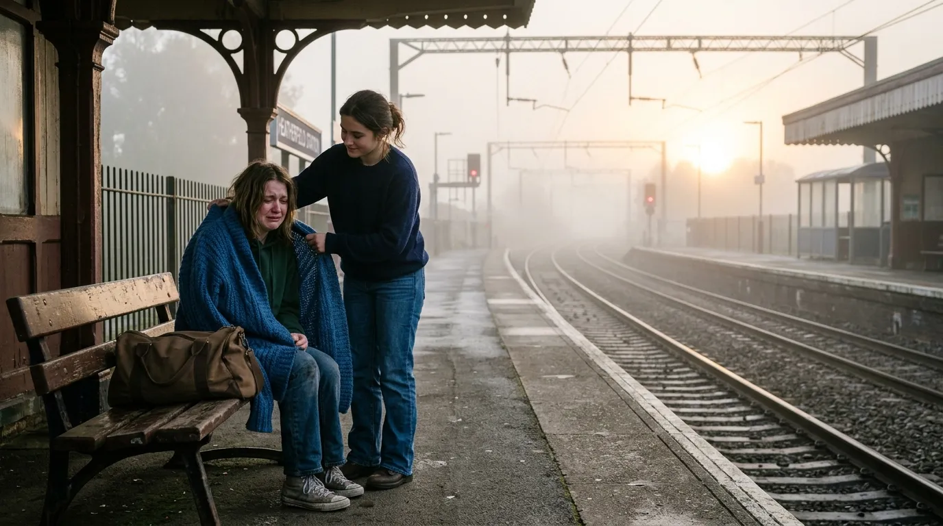 A teenage girl giving a blue cardigan to another crying teenage girl at a train station platform