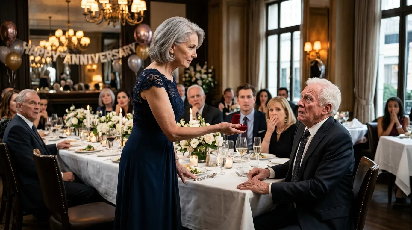 An older woman standing at a fancy banquet table holding out a small red box to her shocked husband