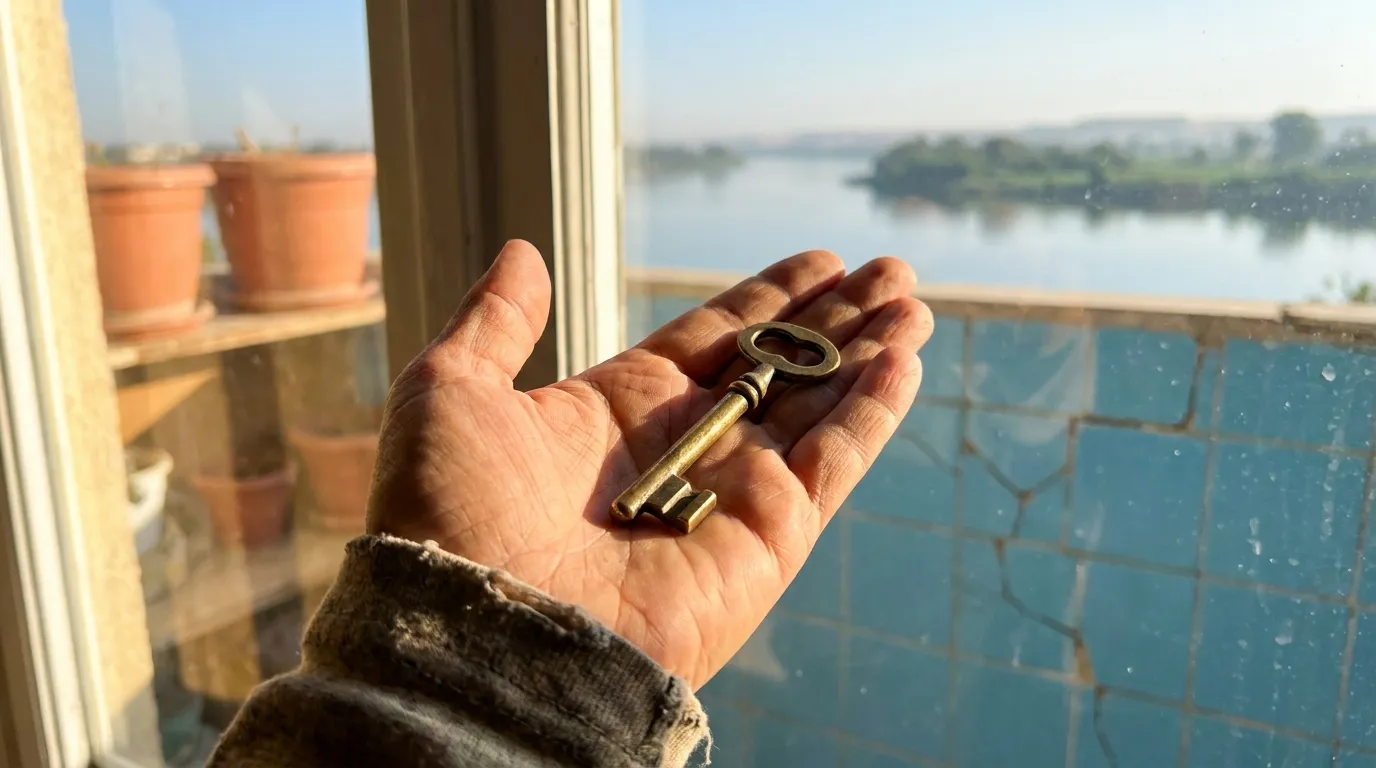 A woman holding an antique brass key on a sunlit balcony