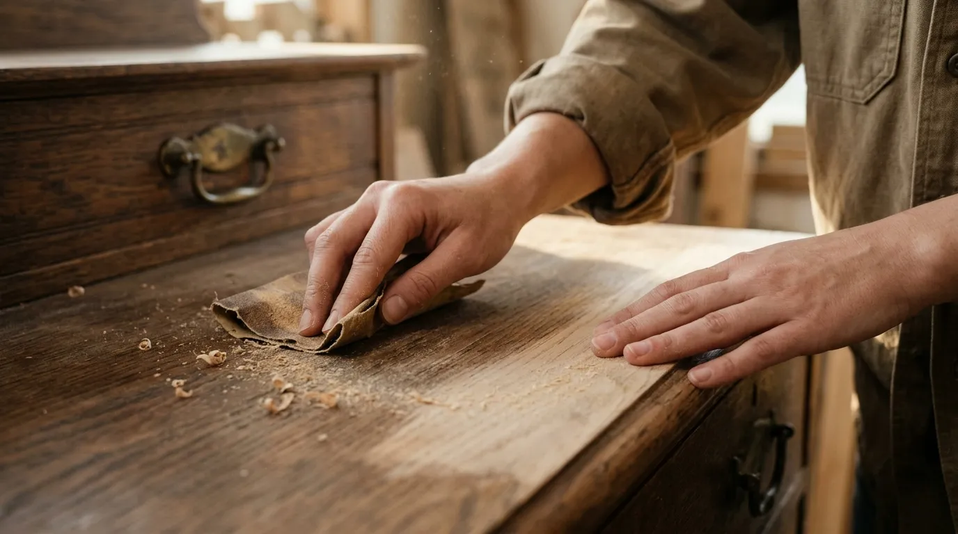 A young woman's hands gently sanding the surface of an antique oak dresser in warm, inviting light.