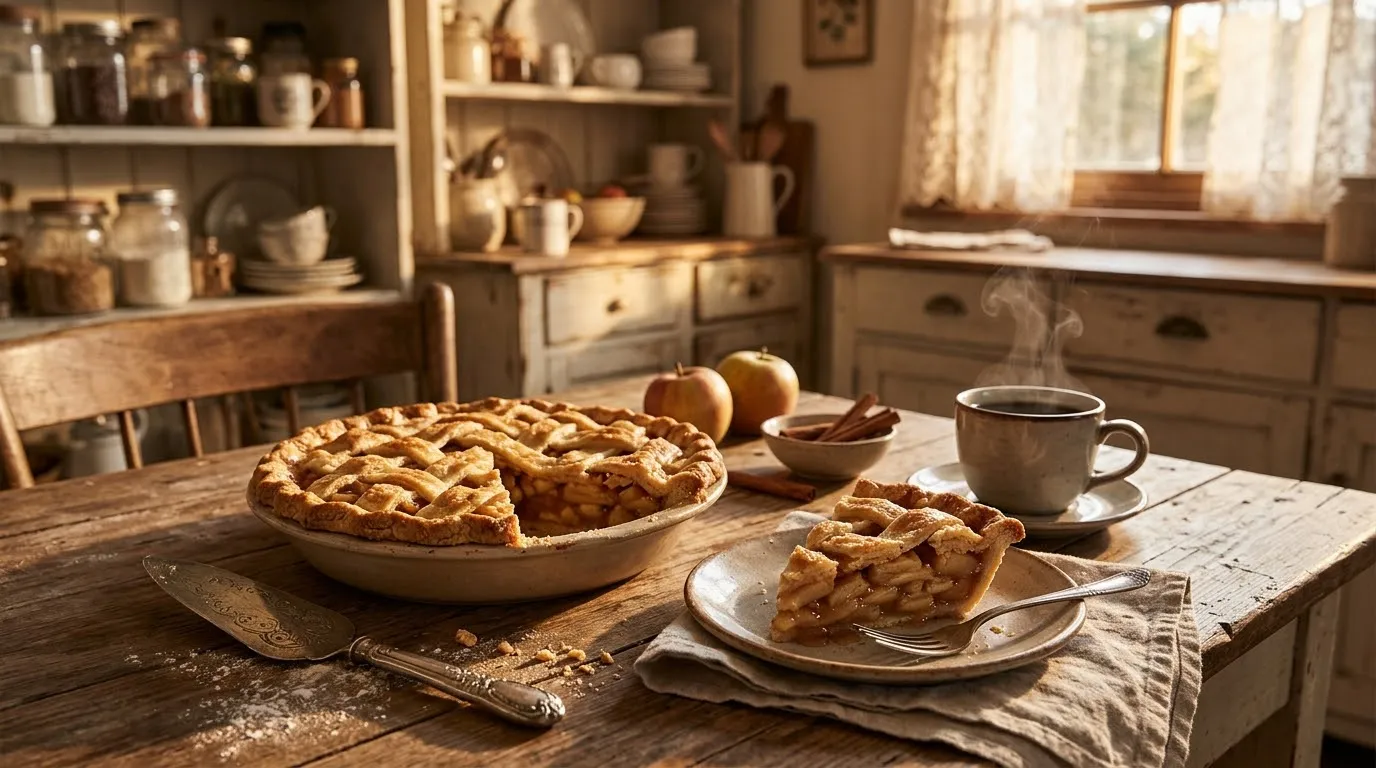 A freshly baked apple pie on a rustic wooden table bathed in sunlight