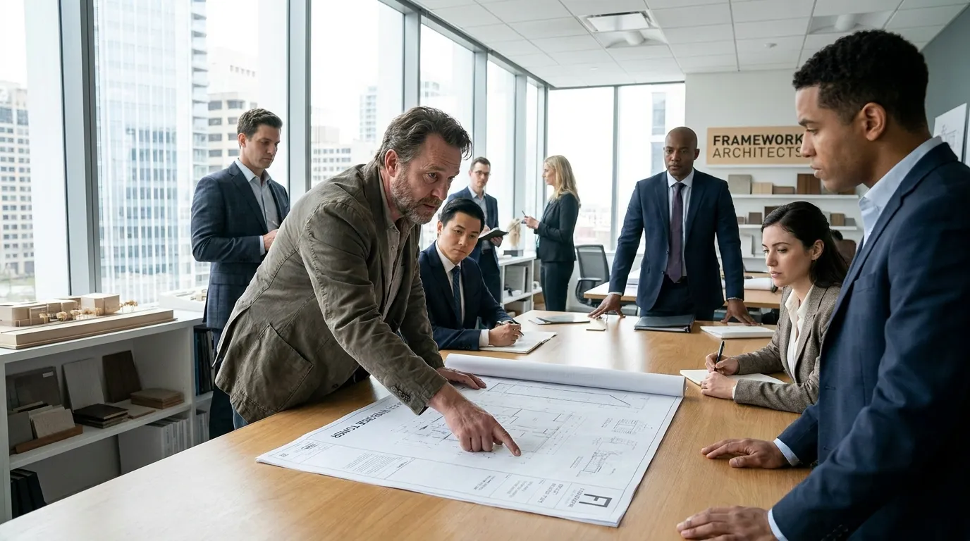 Man in casual clothes pointing at blueprints in a sleek architecture firm