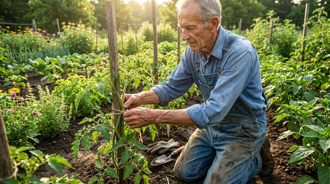 An elderly man in a faded blue shirt tending to a lush, green vegetable garden