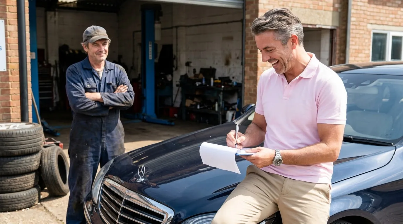 Arrogant man in a pink polo shirt signing a paper on a car hood while the mechanic watches