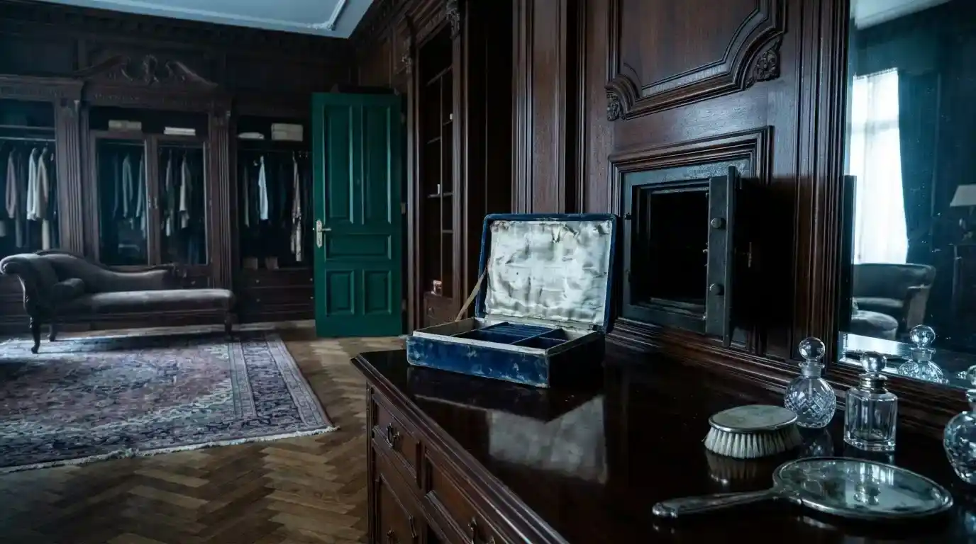 An open, empty velvet jewelry box beside a safe in a lavish dressing room with an open green door