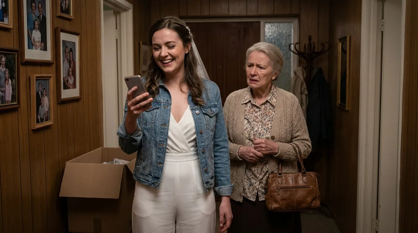 A haughty young bride laughing dismissively at a hurt elderly grandmother in a hallway.
