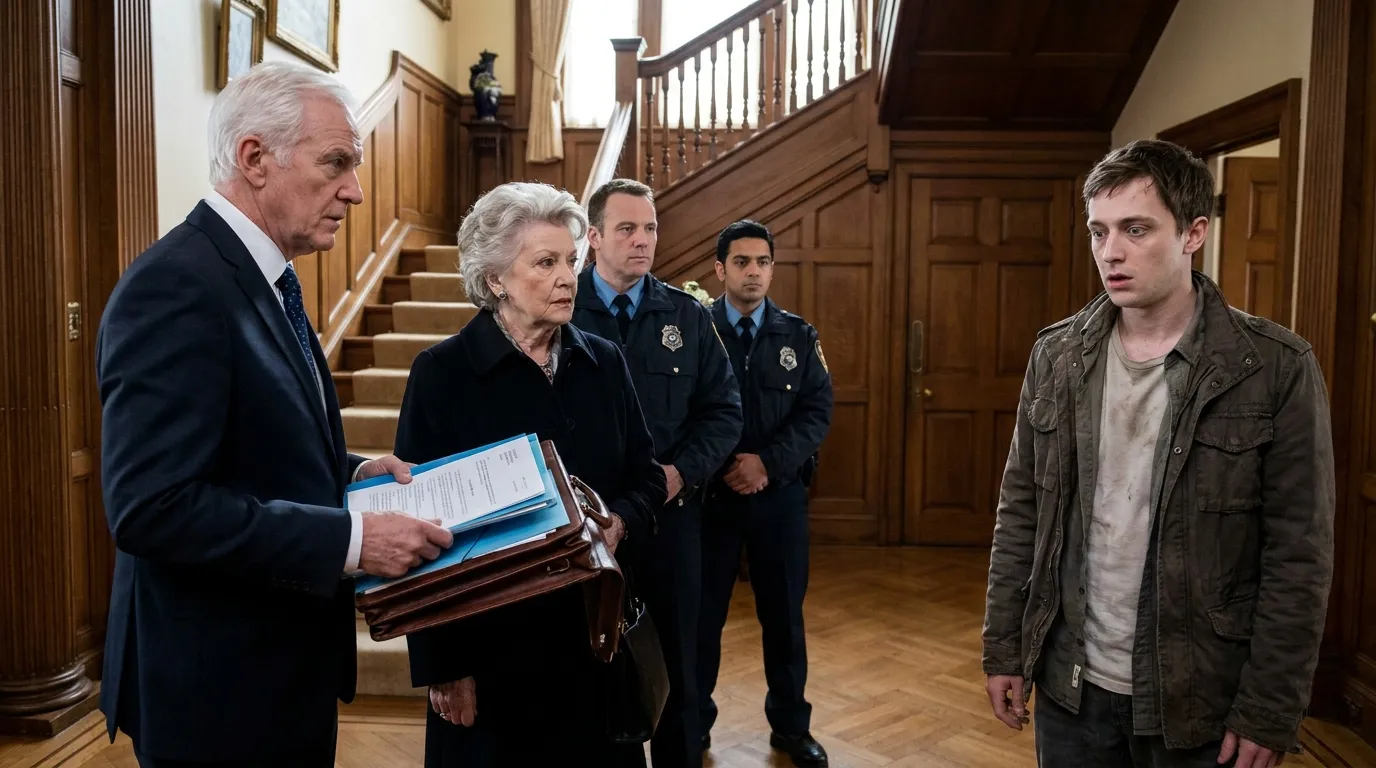 Attorney presenting legal deed to shocked son in the presence of police