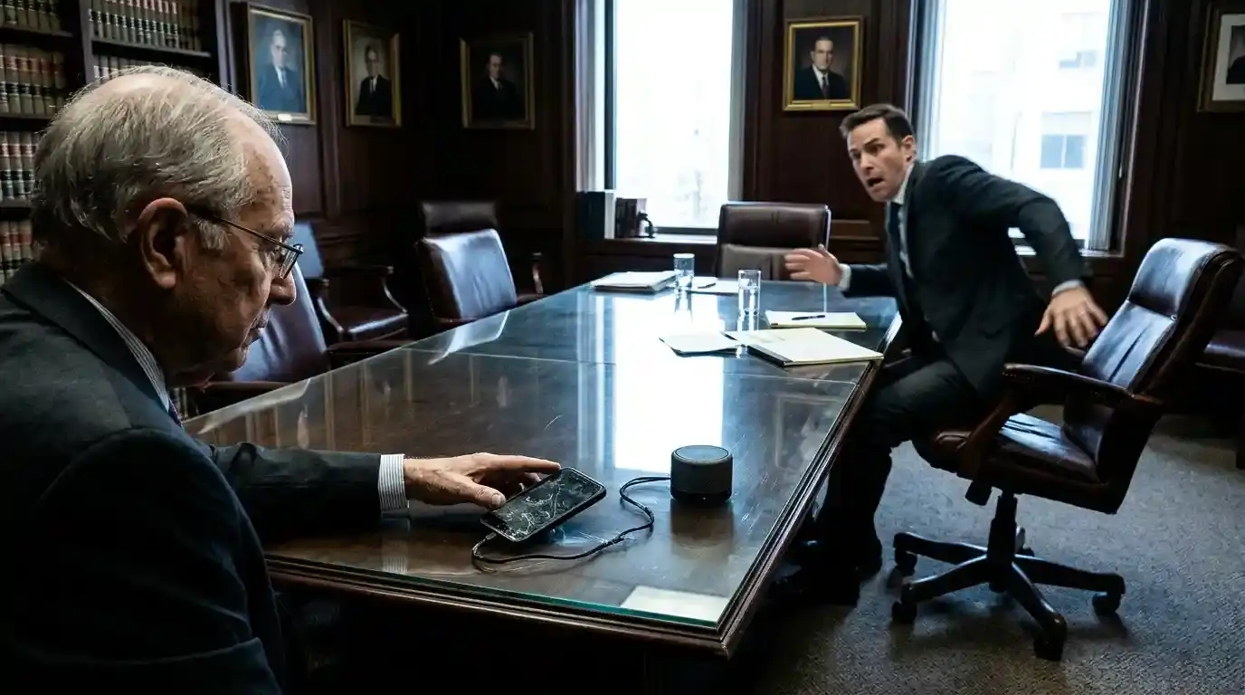 Attorney Martin Hale playing the audio recording while Ethan panics