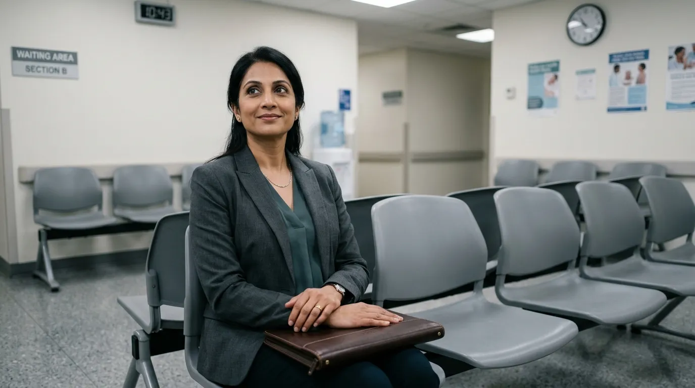 Attorney Priya Desai sitting quietly in a hospital waiting room holding a leather folio