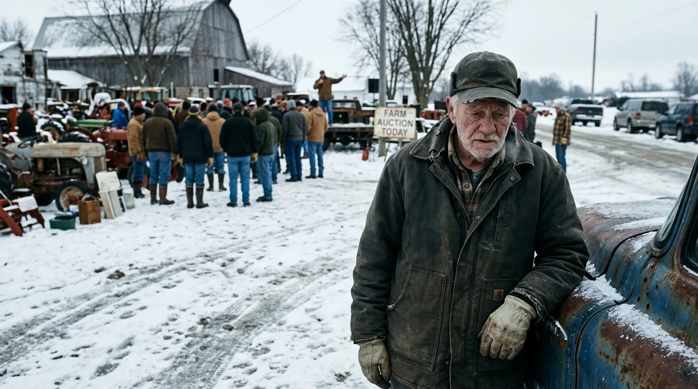 Old farmer watching his farm being auctioned in the snow