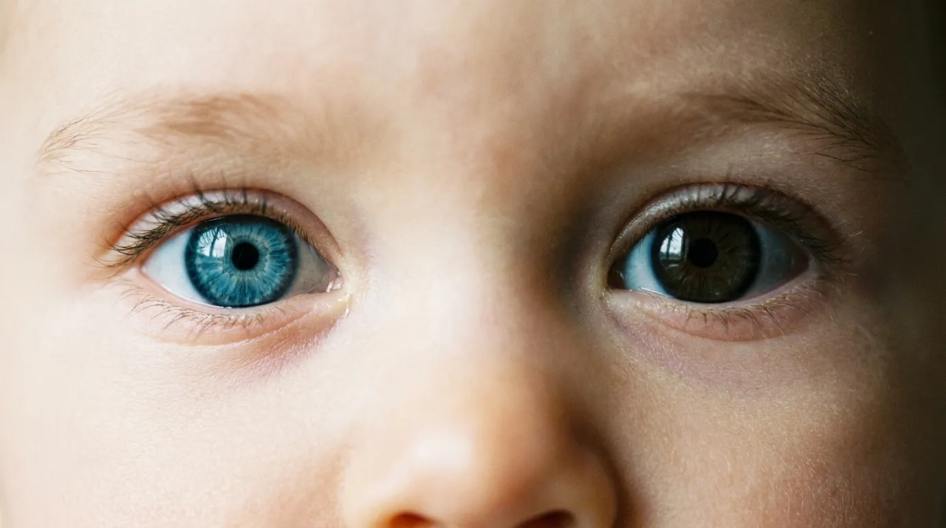 Close up of baby with one blue eye and one brown eye