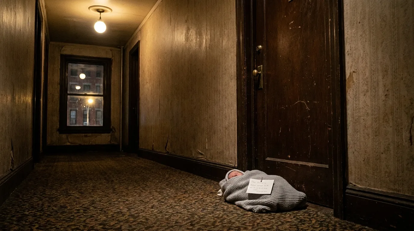 A tiny baby wrapped in a gray blanket left alone in a dimly lit apartment hallway