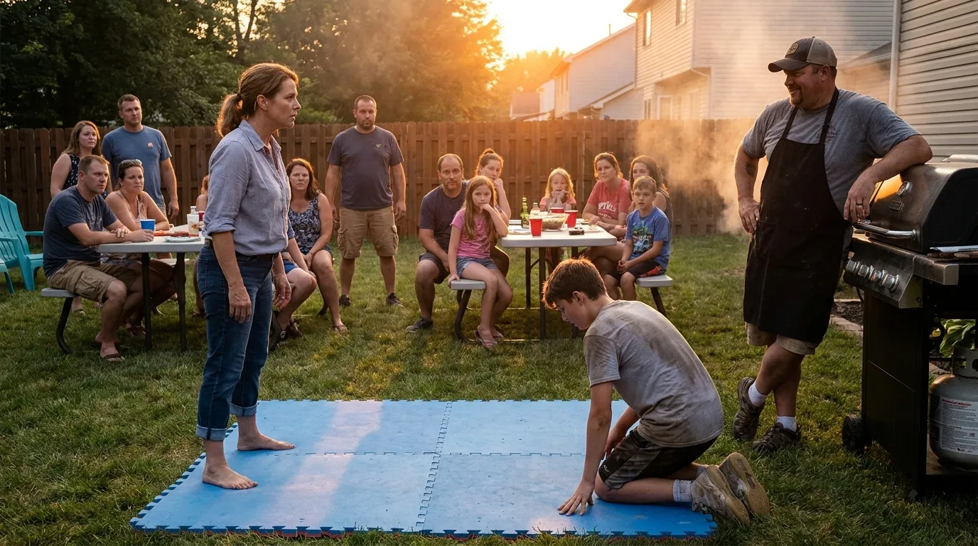 Tense summer backyard barbecue confrontation on a wrestling mat