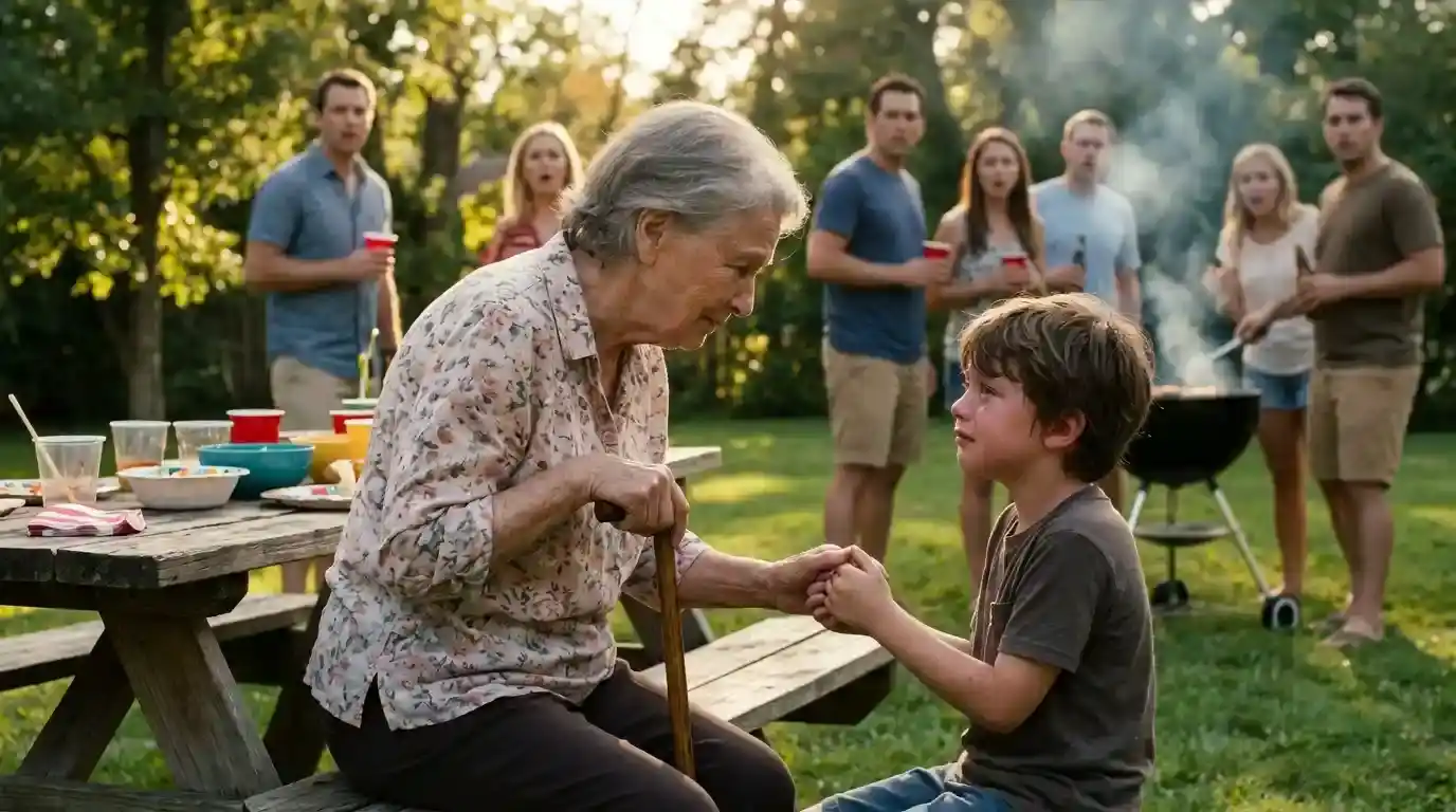 Elderly neighbor kneeling to comfort a tearful boy at a backyard picnic table