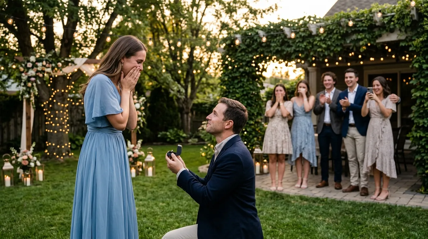 Andrew proposing to Brianna in a blue dress while her siblings cheer in the background