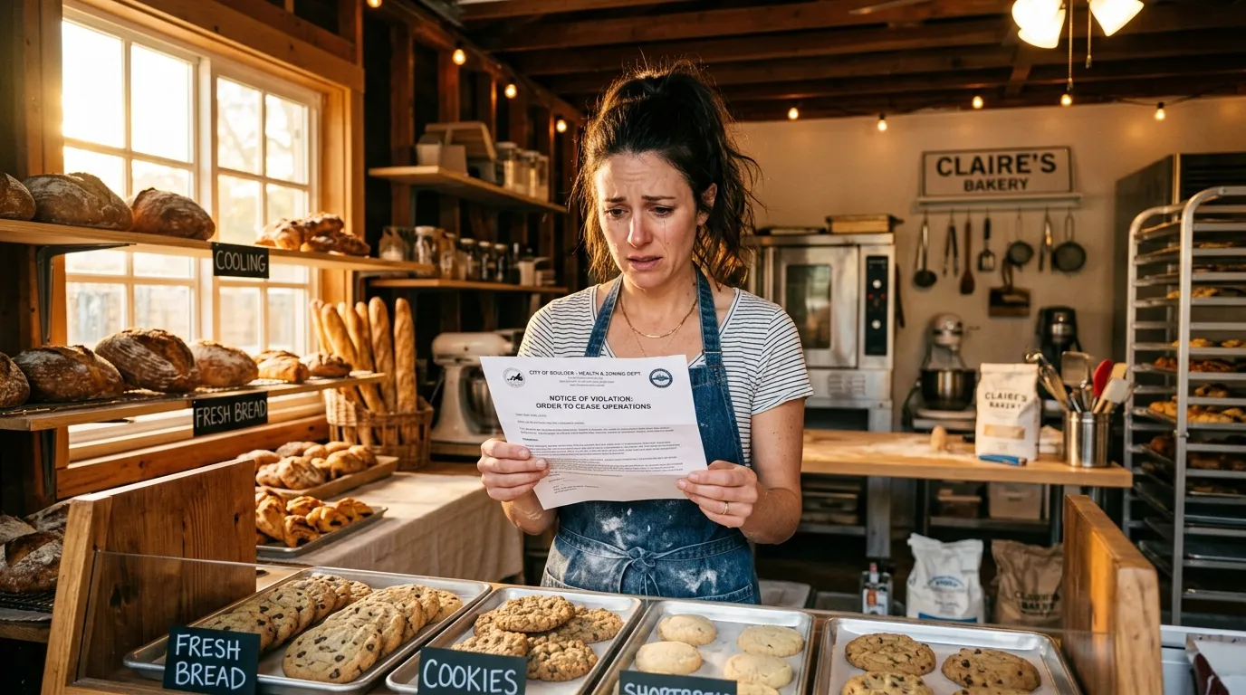 Stressed woman in a bakery reading an official compliance letter