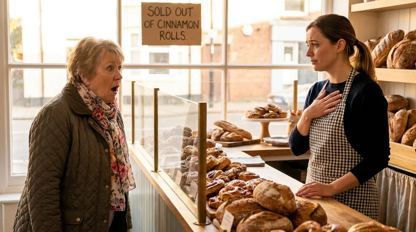 Confused mother at a bakery counter being refused a wedding cake