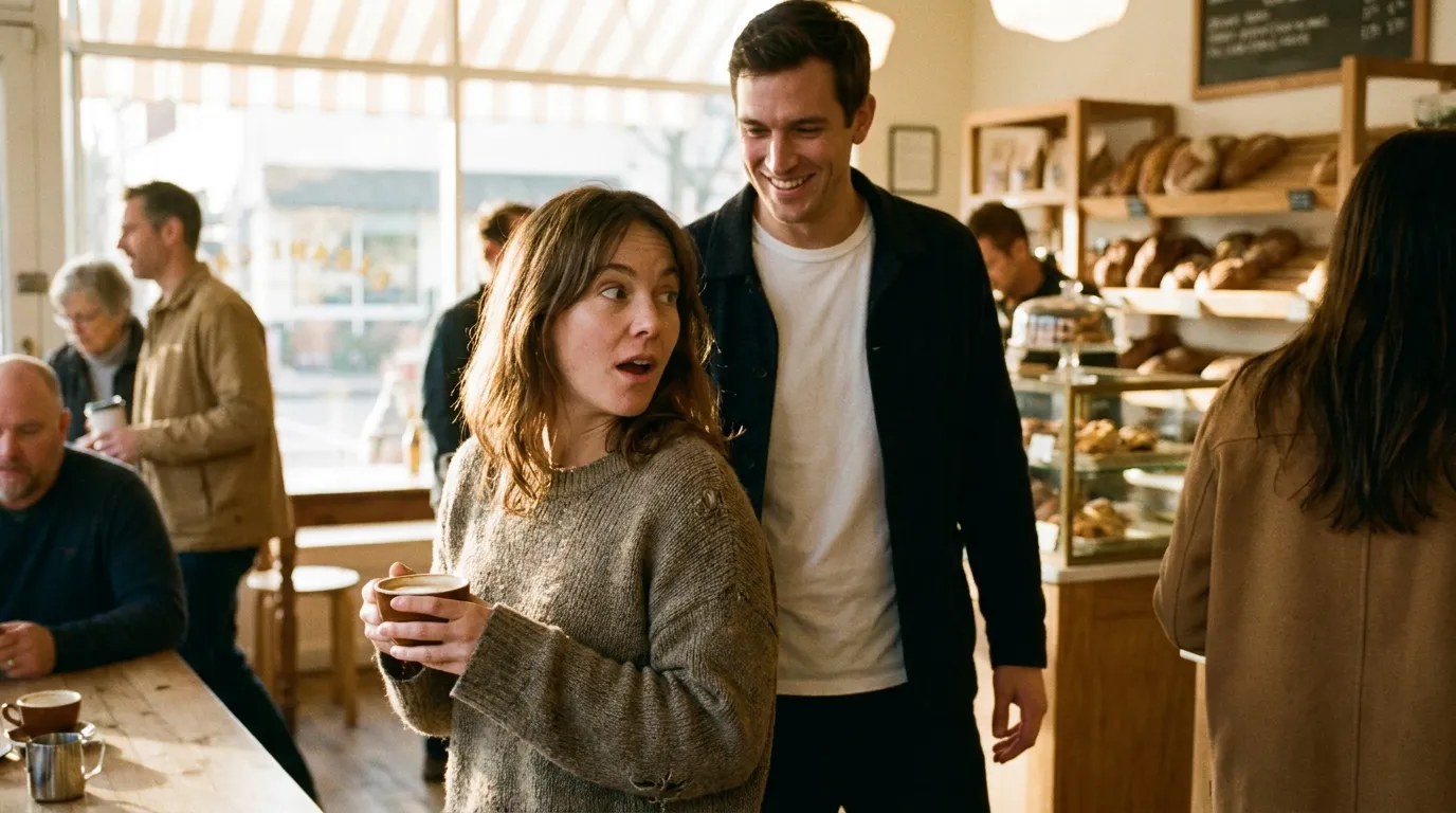 A handsome man smiling at a surprised woman in a cozy bakery