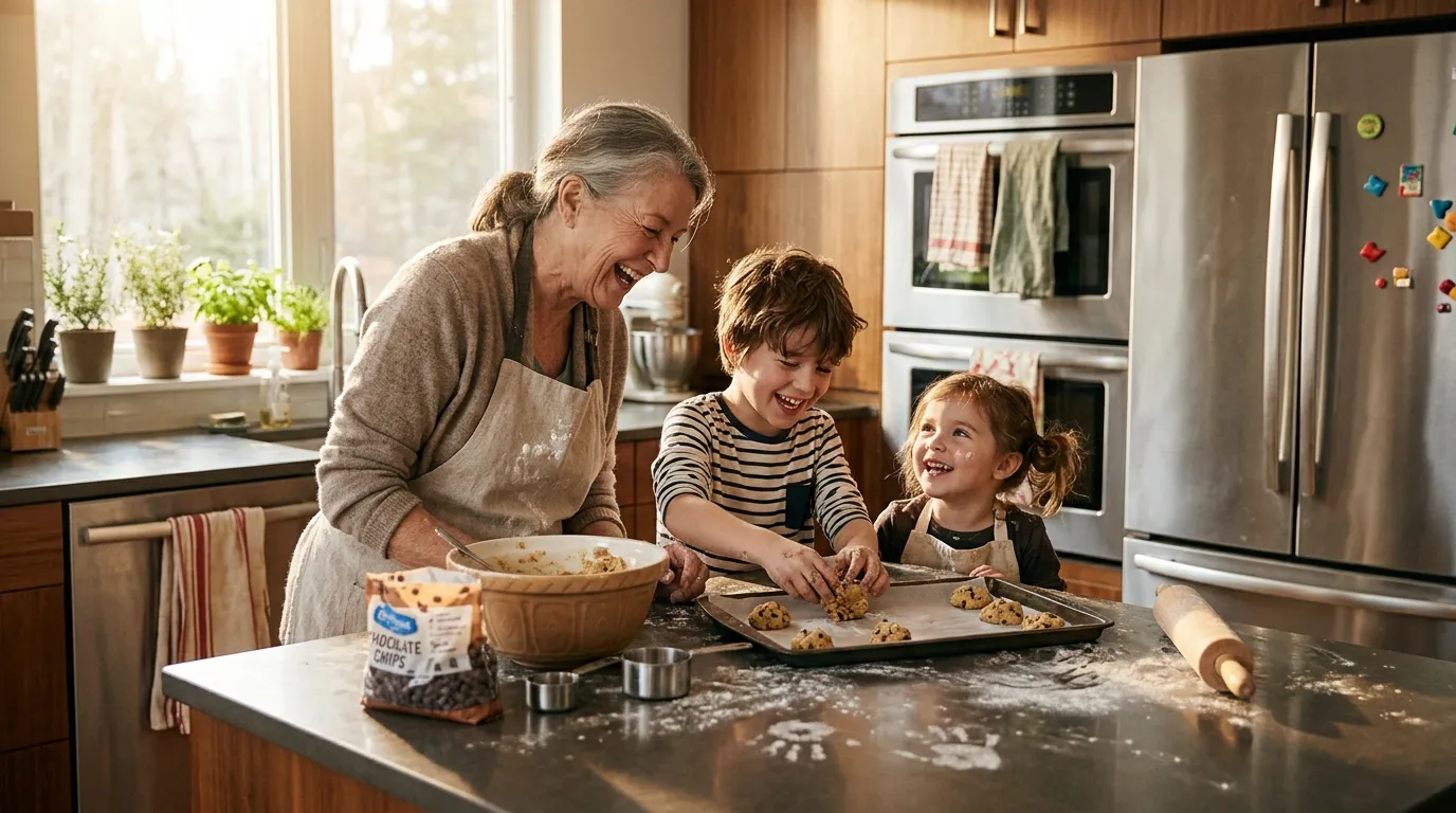 A grandmother happily baking cookies with her grandson and granddaughter